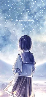 Anime girl gazing at a dreamy, celestial night sky.