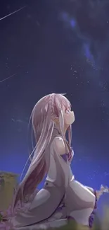 Girl gazes at starry anime night sky with shooting stars.