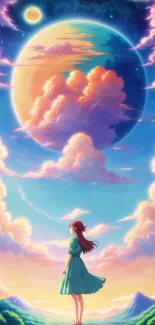 Anime girl under vibrant sky with planets and clouds.