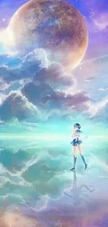 Mystical anime girl beneath a celestial sky with a moon reflection.