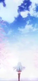 Anime scene with cherry blossoms and dreamy blue sky.