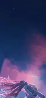 Anime wallpaper with a dreamy night sky and pink swirling clouds.