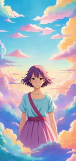 Anime girl in vibrant clouds with pastel colors.