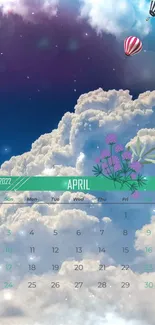 Dreamy April sky calendar with clouds and hot air balloons in vibrant colors.