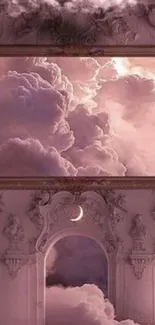 Dreamy pink clouds with an ornate archway and crescent moon in view.