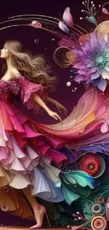 Colorful artistic wallpaper with floral design and flowing dress.