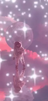 Astronaut in dreamy galaxy with pink clouds and stars.