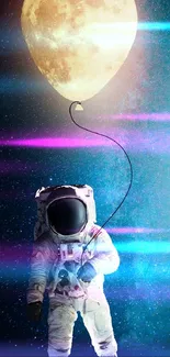 Astronaut floating with a glowing moon balloon in space.