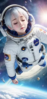 Dreamy astronaut floating in space with stars and planets around.