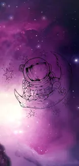 Dreamy astronaut on a purple moon with stars.