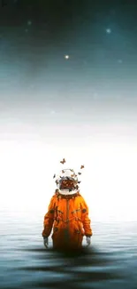 Astronaut in an orange suit standing in water under a serene sky with scattered stars.