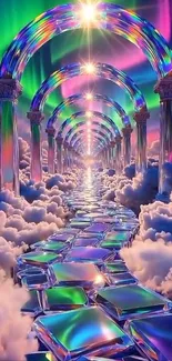 Colorful fantasy pathway with aurora and arches.