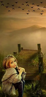 A child sits on a bridge amidst an autumn landscape with birds in the sky.