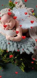 Sleeping baby angel on a plush green backdrop.