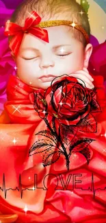 Dreamy baby with red roses and sparkling stars wallpaper.