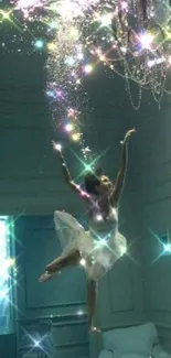 Dancer floating under sparkling chandelier in dark teal room.