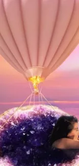 Dreamy hot air balloon over mystical geode landscape.