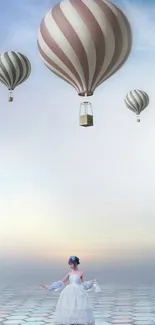 Mobile wallpaper with hot air balloons in a dreamy sky.