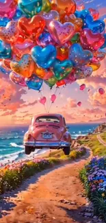 Car flying with heart balloons over scenic coast