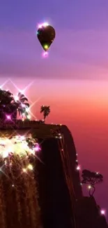 Hot air balloons over sunset cliff with dazzling lights.