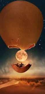 Surreal egg-shaped balloon floating over a mystical desert night.