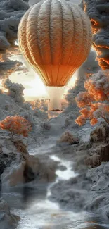 Hot air balloon over snowy river with autumn trees.