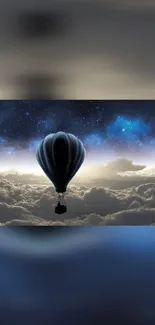 Hot air balloon soaring through cosmic night sky with clouds.