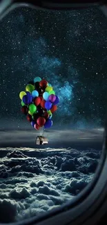 Colorful balloons in a starry night view from an airplane window above the clouds.