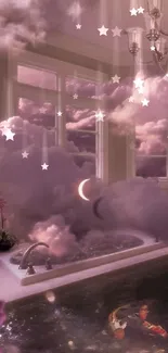 Surreal bathroom with clouds and pink hues.