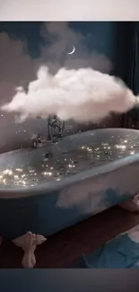 Whimsical wallpaper with vintage bathtub and cloud.