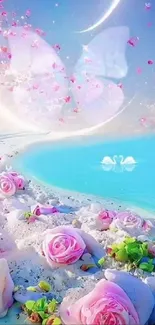 Dreamy beach with pink roses and butterflies.