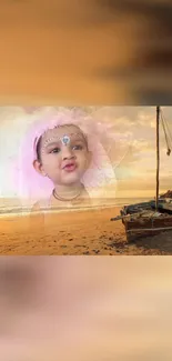 A cute baby with a dreamy beach backdrop, blending serenity and innocence.