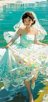 Illustration of a smiling bride by the ocean in a white dress.