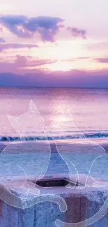 Dreamy beach scene with sunset and cat outlines, bathed in lavender hues.