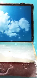 Open suitcase with a beach scene and blue sky.