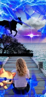 Fantasy wallpaper with a beach scene, mystical horse, and cute cat in blue hues.