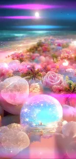 Fantasy beach scene with pink, flowers, and a glowing ocean.