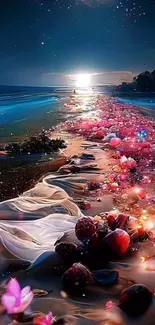 Dreamy night beach with flowers and waves in a serene mobile wallpaper.