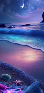 Dreamy night beach scene with moonlit waves and colorful reflections.