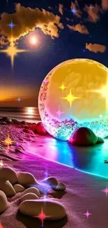 Dreamy night beach with a glowing colorful orb by the shore.