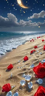 Starry beach night with red roses and sparkling ocean.