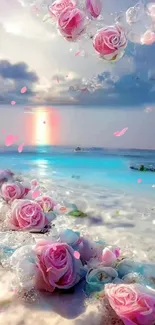 Pink roses on beach at sunset with ocean backdrop