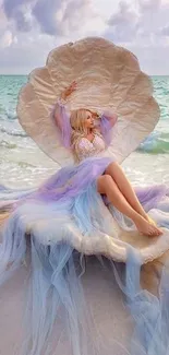 Woman in pastel dress resting in a seashell by the ocean on the beach.