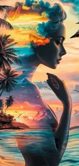 Artistic silhouette on tropical beach during sunset, with vibrant colors and palm trees.