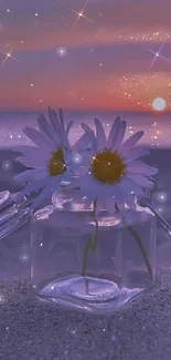 Daisies in a glass jar on a sandy beach at sunset with purple sky.