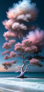 Surreal tree with clouds on a beach, creating a dreamlike scene.