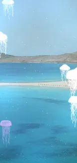 Dreamy beach with jellyfish floating over a serene ocean view.