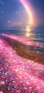 Dreamy pink beach with a rainbow and sparkles at dusk.