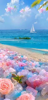 Tropical beach scene with pink roses and ocean view.