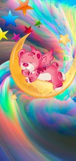 Pink bear with wings on moon in a colorful swirl background.